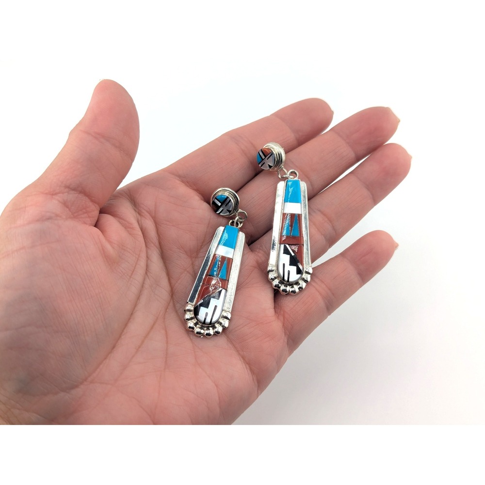 Zuni Multi Stone Inlay Turquoise Drop Earrings Native American Sterling Jewelry* - Picture 6 of 12